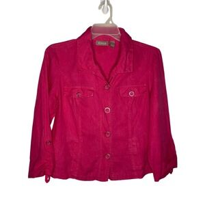 Chico's Women Pink 100% Linen Roll Tab Sleeve Button Front Shirt Jacket Sz 1